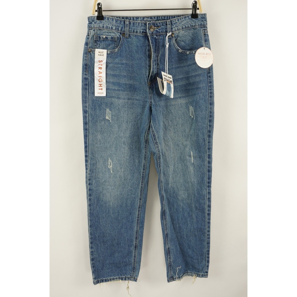 New Gogo Jeans Straight High Rise Distressed Medium Blue Denim Women's Sz 9 Crop
